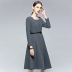 Square Neck Button Front Puff Sleeve Fit and Flare Midi Dress