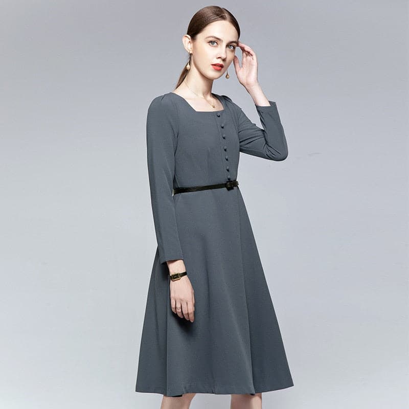 Square Neck Button Front Puff Sleeve Fit and Flare Midi Dress