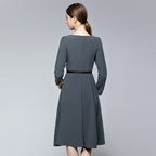Square Neck Button Front Puff Sleeve Fit and Flare Midi Dress