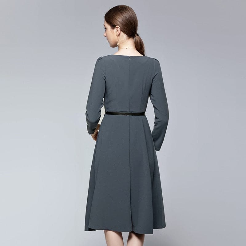 Square Neck Button Front Puff Sleeve Fit and Flare Midi Dress