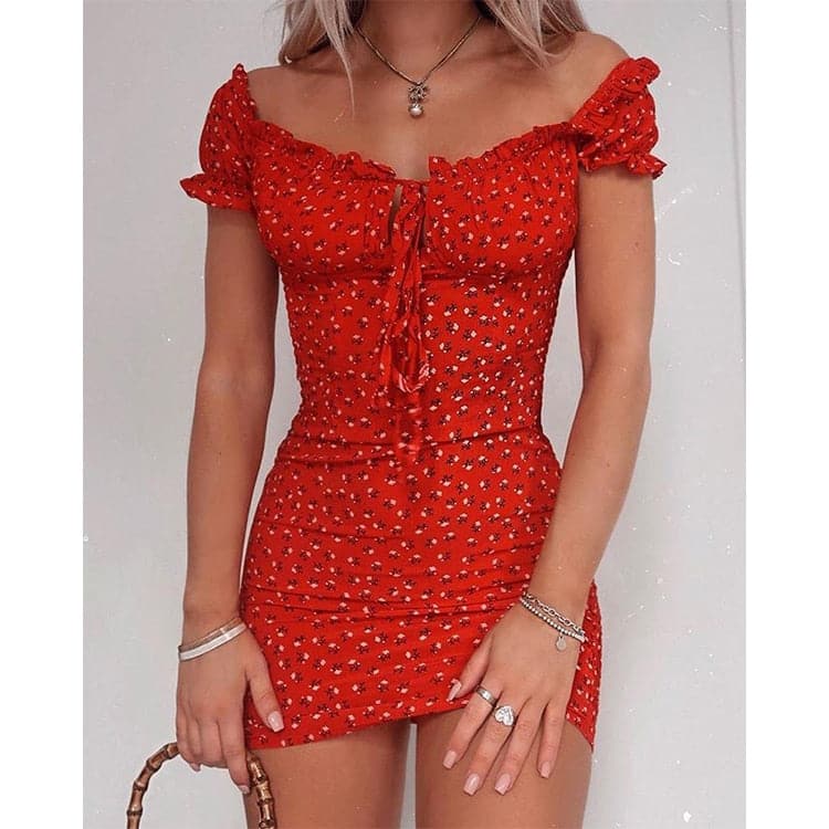 Ditsy Floral Print Off Shoulder Puff Sleeve Tie Front Keyhole Bodycon Mini Dress