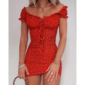 Ditsy Floral Print Off Shoulder Puff Sleeve Tie Front Keyhole Bodycon Mini Dress