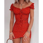 Ditsy Floral Print Off Shoulder Puff Sleeve Tie Front Keyhole Bodycon Mini Dress