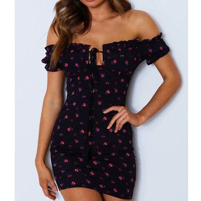 Ditsy Floral Print Off Shoulder Puff Sleeve Tie Front Keyhole Bodycon Mini Dress