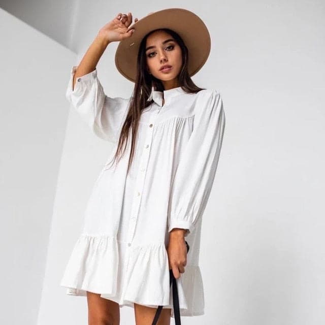 Mandarin Collar Puff Sleeve Button Front Ruffle Hem Mini Shirt Dress