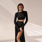 DressBetty - Solid Sexy Sweater Cropped Top Midi Skirt Two Piece Set Women Matching Set Outfits Button Up Split Skirts Winter