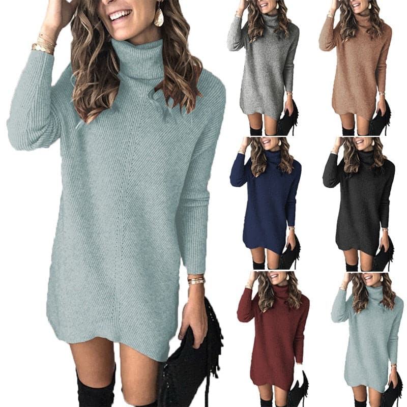 Ribbed Knit Turtleneck Long Sleeve Oversized Mini Sweater Dress