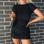 Rib Knit Short Sleeve Crew Neck Side Drawstring Ruched Bodycon Mini Dress
