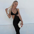 Ribbed Knit Halter Twist Bust Waist Cut Out Bodycon Maxi Dress