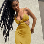 Ribbed Knit Halter Twist Bust Waist Cut Out Bodycon Maxi Dress