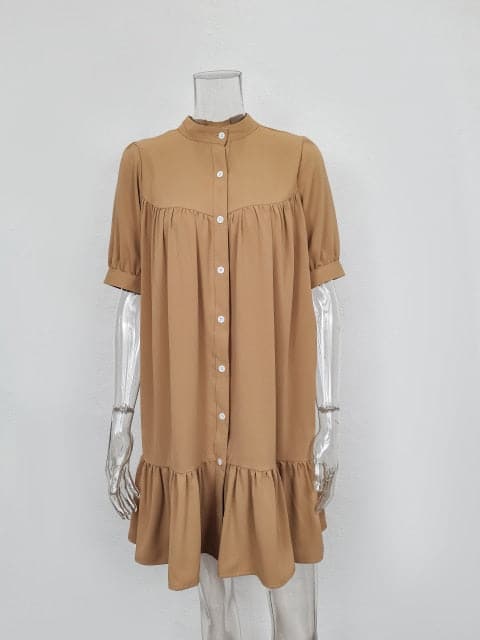 Mandarin Collar Puff Sleeve Button Front Ruffle Hem Mini Shirt Dress