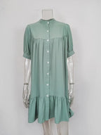 Mandarin Collar Puff Sleeve Button Front Ruffle Hem Mini Shirt Dress