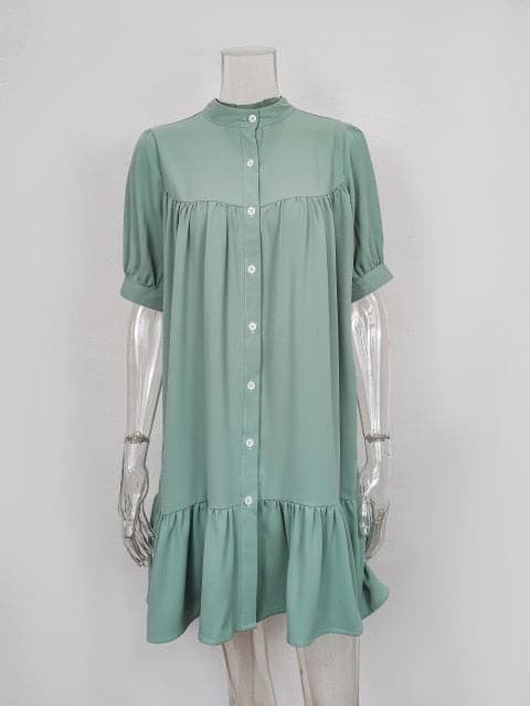Mandarin Collar Puff Sleeve Button Front Ruffle Hem Mini Shirt Dress