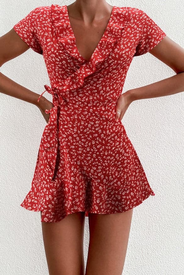 Ditsy Floral Wrap V-Neck Ruffle Trim Tie Waist Cap Sleeve Romper
