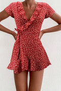 Ditsy Floral Wrap V-Neck Ruffle Trim Tie Waist Cap Sleeve Romper