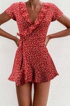 Ditsy Floral Wrap V-Neck Ruffle Trim Tie Waist Cap Sleeve Romper