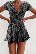 Ditsy Floral Wrap V-Neck Ruffle Trim Tie Waist Cap Sleeve Romper