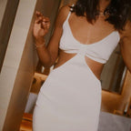 Ribbed Knit Cut Out Waist Knot Front Spaghetti Strap Bodycon Mini Dress