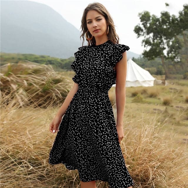 Mock Neck Flutter Ruffle Bodice Speckle Dot Print A-Line Midi Dress