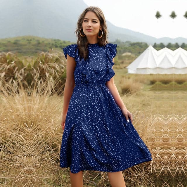 Mock Neck Flutter Ruffle Bodice Speckle Dot Print A-Line Midi Dress