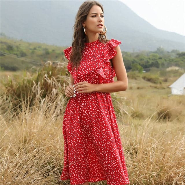 Mock Neck Flutter Ruffle Bodice Speckle Dot Print A-Line Midi Dress