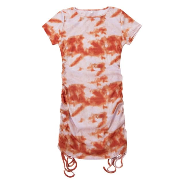 Rib Knit Short Sleeve Crew Neck Side Drawstring Ruched Bodycon Mini Dress