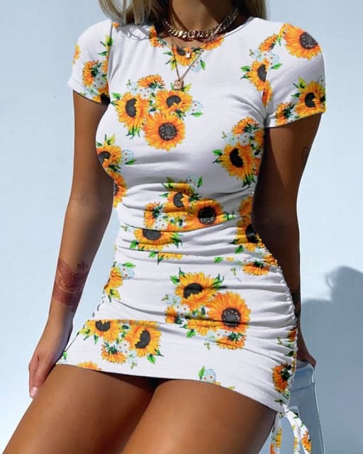 Rib Knit Short Sleeve Crew Neck Side Drawstring Ruched Bodycon Mini Dress