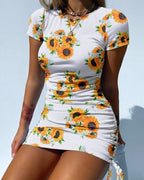 Rib Knit Short Sleeve Crew Neck Side Drawstring Ruched Bodycon Mini Dress