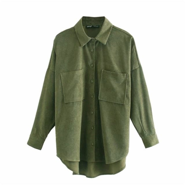 DressBetty - Women Fashion Corduroy With Pockets Loose Asymmetrical Blouses Vintage Long Sleeve Button-up Female Shirts Streetwear