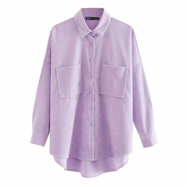 DressBetty - Women Fashion Corduroy With Pockets Loose Asymmetrical Blouses Vintage Long Sleeve Button-up Female Shirts Streetwear