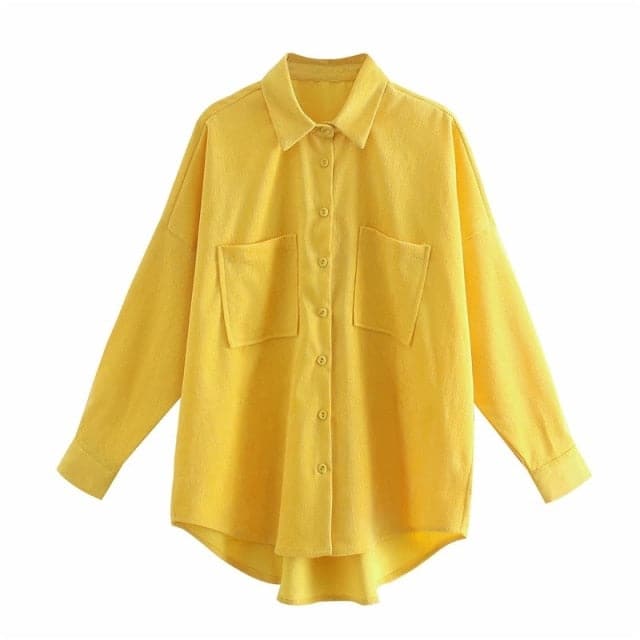 DressBetty - Women Fashion Corduroy With Pockets Loose Asymmetrical Blouses Vintage Long Sleeve Button-up Female Shirts Streetwear
