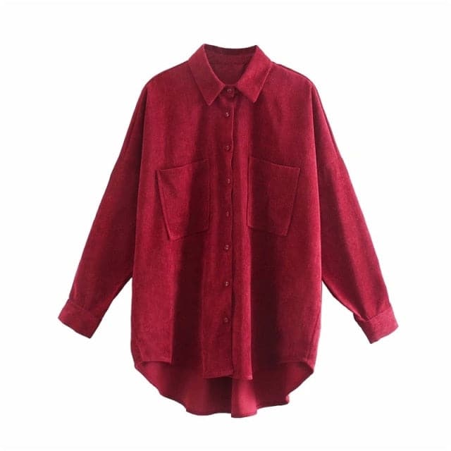 DressBetty - Women Fashion Corduroy With Pockets Loose Asymmetrical Blouses Vintage Long Sleeve Button-up Female Shirts Streetwear