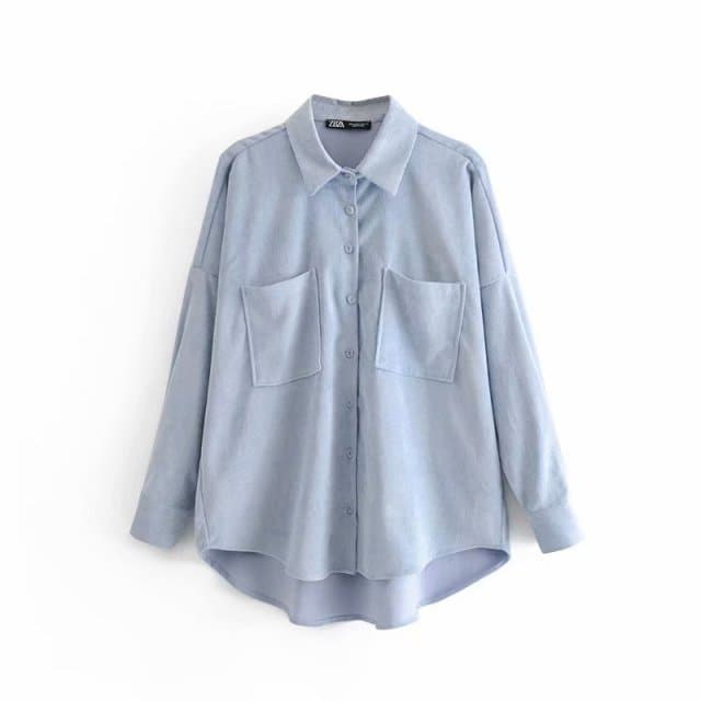DressBetty - Women Fashion Corduroy With Pockets Loose Asymmetrical Blouses Vintage Long Sleeve Button-up Female Shirts Streetwear