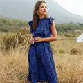 Mock Neck Flutter Ruffle Bodice Speckle Dot Print A-Line Midi Dress