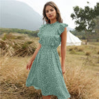 Mock Neck Flutter Ruffle Bodice Speckle Dot Print A-Line Midi Dress