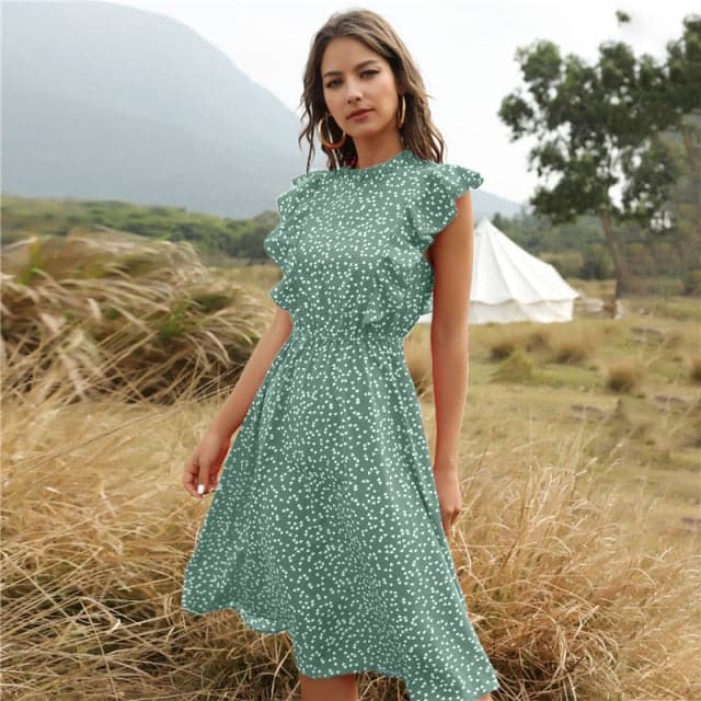 Mock Neck Flutter Ruffle Bodice Speckle Dot Print A-Line Midi Dress