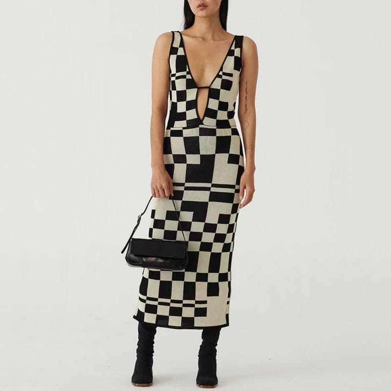 Plaid Print Tank Strap Chest Strap Hollow Out Bodycon Maxi Dress