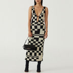 Plaid Print Tank Strap Chest Strap Hollow Out Bodycon Maxi Dress