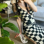Plaid Print Tank Strap Chest Strap Hollow Out Bodycon Maxi Dress