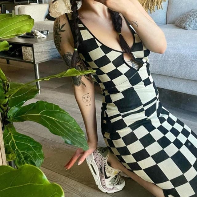 Plaid Print Tank Strap Chest Strap Hollow Out Bodycon Maxi Dress