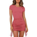 Rib Knit Short Sleeve Crew Neck Side Drawstring Ruched Bodycon Mini Dress