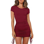 Rib Knit Short Sleeve Crew Neck Side Drawstring Ruched Bodycon Mini Dress