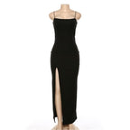 Square Neck Spaghetti Strap Thigh Slit Bodycon Maxi Dress