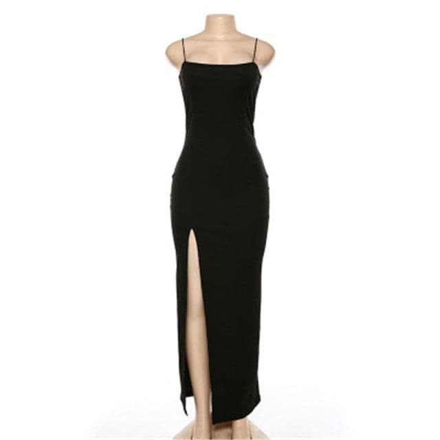 Square Neck Spaghetti Strap Thigh Slit Bodycon Maxi Dress