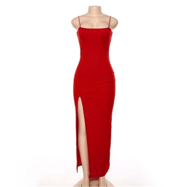 Square Neck Spaghetti Strap Thigh Slit Bodycon Maxi Dress