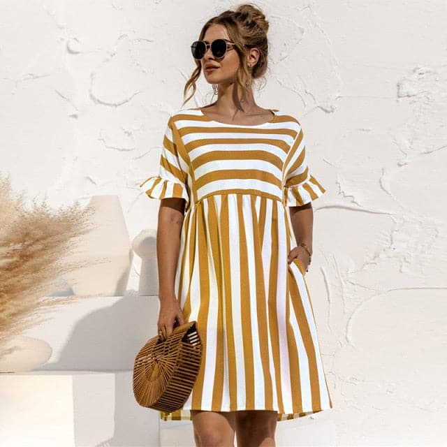 Striped Ruffle Sleeve Empire Waist Pocket Mini Dress
