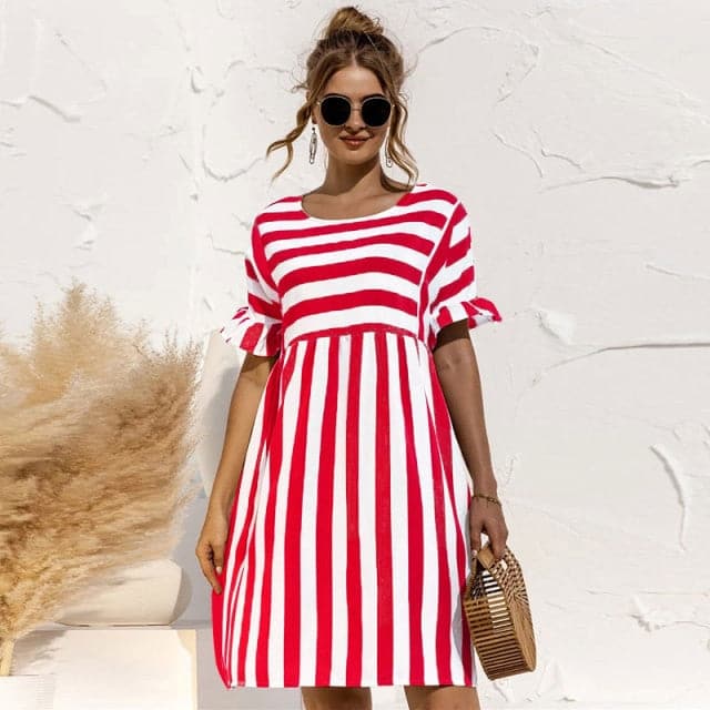 Striped Ruffle Sleeve Empire Waist Pocket Mini Dress