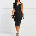 Lace Off Shoulder Cap Sleeve Waist Cutout Scalloped Hem Midi Dress