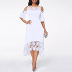 Lace Off Shoulder Cap Sleeve Waist Cutout Scalloped Hem Midi Dress