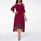 Lace Off Shoulder Cap Sleeve Waist Cutout Scalloped Hem Midi Dress
